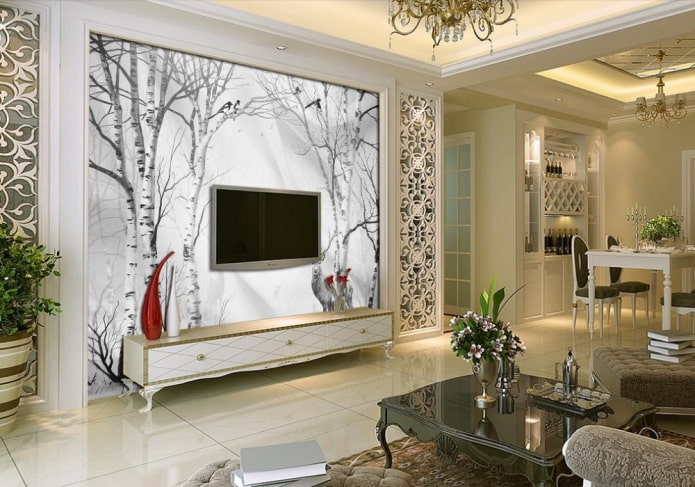 Wand hinter dem Fernseher mit Fototapete dekoriert