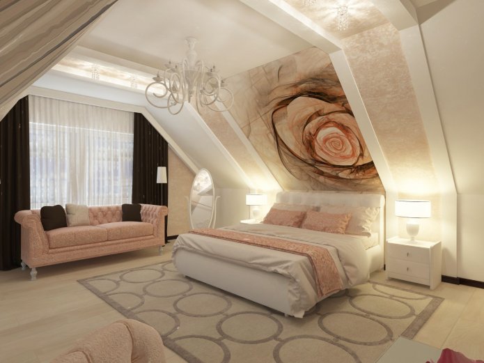 Fototapete an der Wand im Schlafzimmer mit Rosenmuster