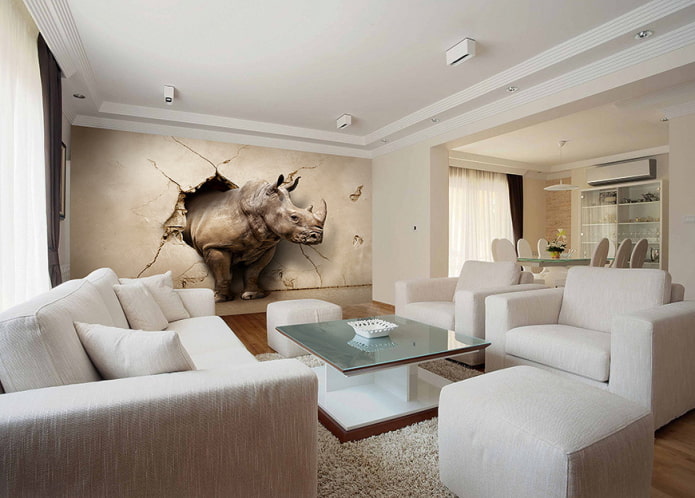 3D-Tapete mit einem Nashorn im Wohnzimmer