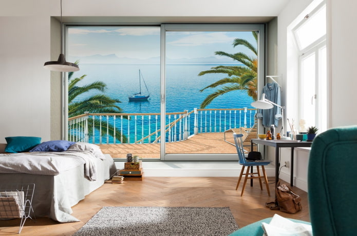 3D-Tapete mit Blick aus dem Fenster im Schlafzimmer