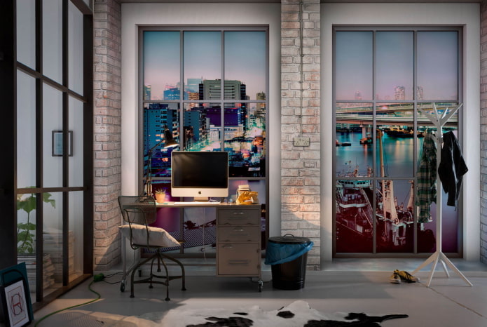 3D-Tapete mit Blick aus dem Fenster im Büro