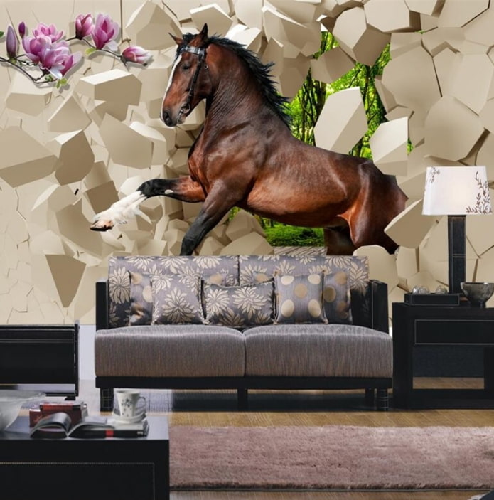 3D-Fototapete mit einem Pferd im Wohnzimmerinterieur