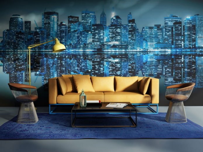 3D-Tapete mit dem Bild einer Stadt im Wohnzimmer