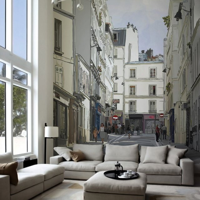 3D-Tapete mit einem Bild einer Stadt im Wohnzimmer