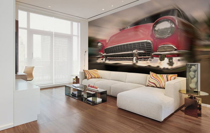 3D-Fototapete mit einem Auto im Wohnzimmer