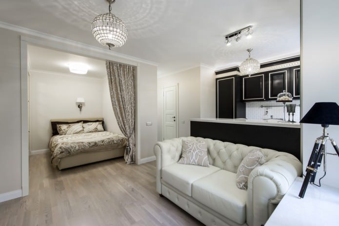 Interieur einer kleinen Wohnung im Art-déco-Stil, 29 m².