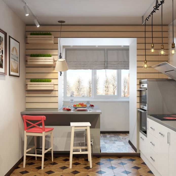 Bartheke in der Öffnung zwischen Zimmer und Balkon
