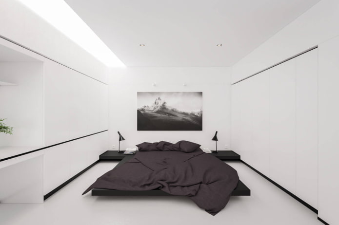 Weißes Schlafzimmerinterieur im minimalistischen Stil