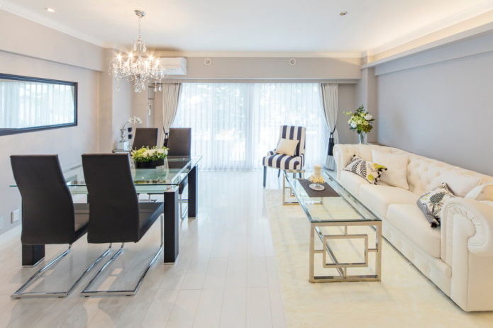 Wohnzimmer-Esszimmer mit weißem Laminat