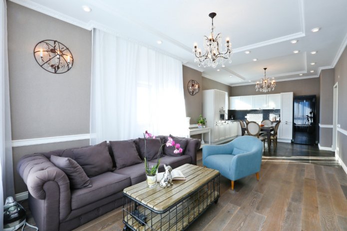 Gipskartondecke im Wohnzimmer kombiniert mit der Küche