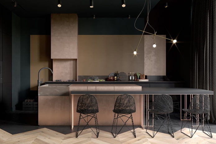 Kücheninterieur in Beige- und Schwarztönen