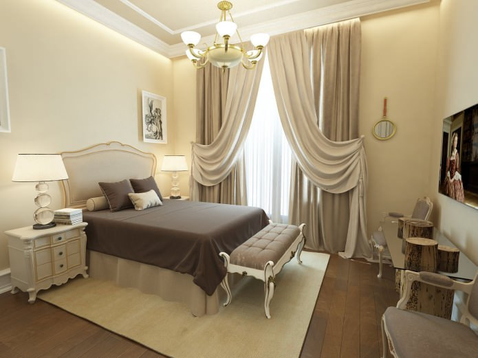beiges Schlafzimmer mit einer braunen Tagesdecke