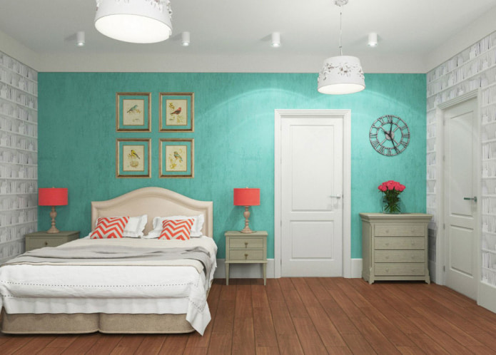 Schlafzimmer mit helltürkisfarbener Tapete