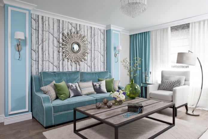 türkisfarbenes Sofa im Wohnzimmer