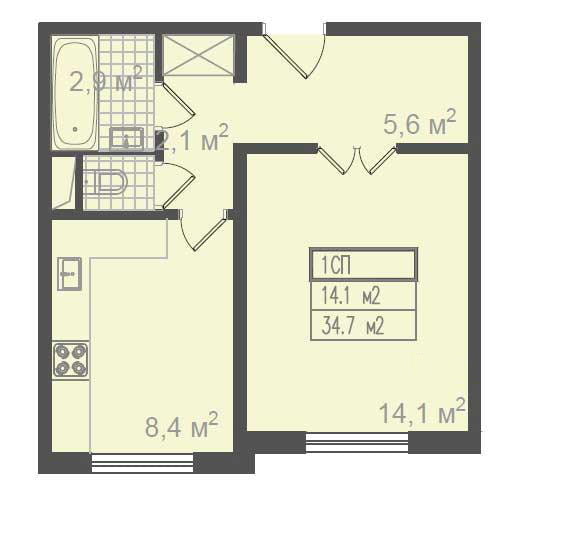Grundriss einer Einzimmerwohnung, Serie P-3