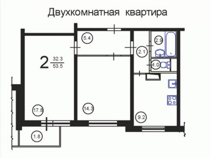 Grundriss einer Zweizimmerwohnung, Serie P-3