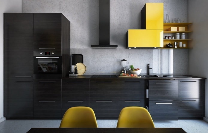 Kücheninterieur in Grau- und Schwarztönen