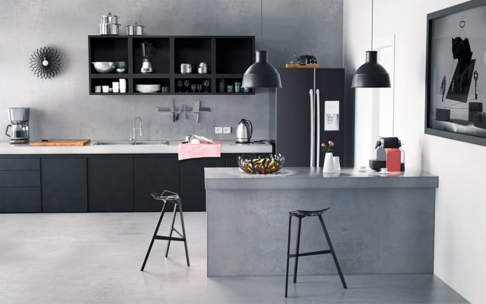 Kücheninterieur in Grau- und Schwarztönen