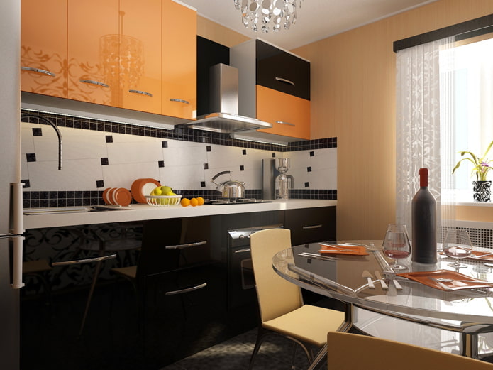 Kücheninterieur in Schwarz- und Orangetönen