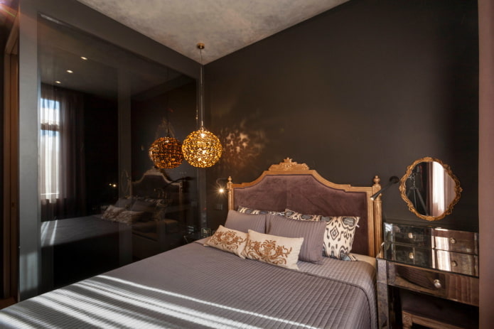 Dekor und Beleuchtung im Schlafzimmer in Schwarztönen