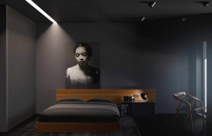 schwarzes Schlafzimmer im minimalistischen Stil