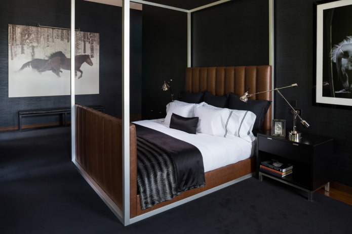 Möbel im Schlafzimmer-Interieur in Schwarztönen