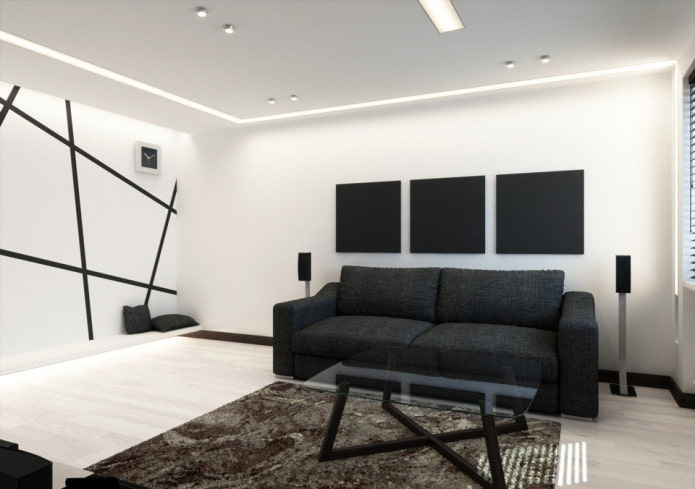Möbel und Textilien im Wohnzimmer in Schwarz-Weiß-Tönen