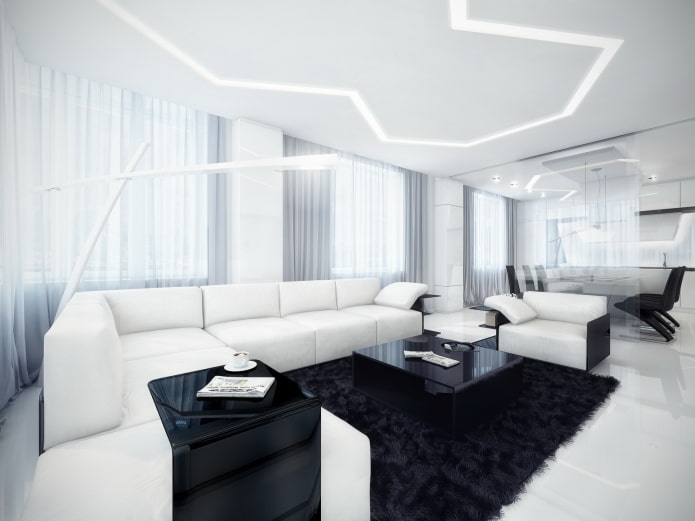 Wohnzimmer in Schwarz-Weiß-Tönen im Hightech-Stil