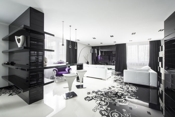 Wohnzimmer in Schwarz-Weiß-Tönen im Art-déco-Stil