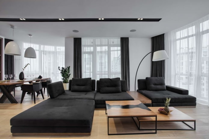 Farbkombination im Wohnzimmer in Schwarz-Weiß-Tönen