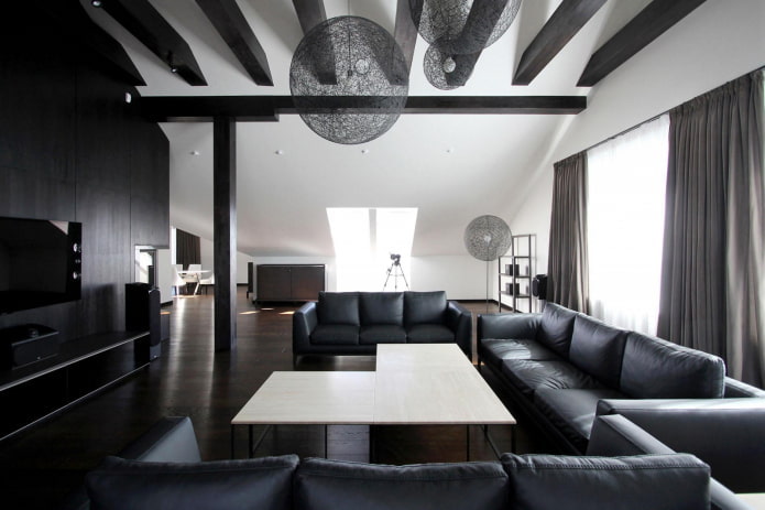 Wohnzimmer in Schwarz-Weiß-Tönen im Loft-Stil