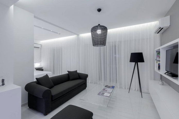 Schwarz-weißes Wohnzimmer-Innendesign