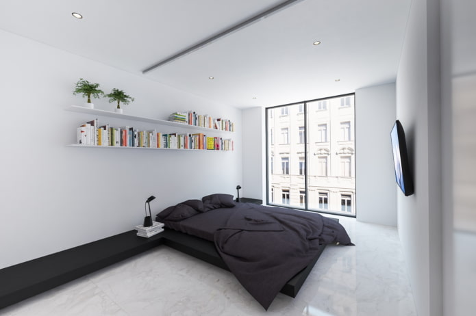 Schwarz-weißes Schlafzimmerinterieur im minimalistischen Stil
