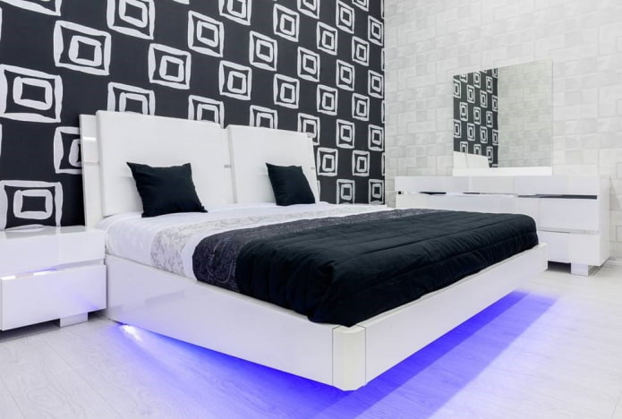 Möbel im Schlafzimmerinterieur in Schwarz-Weiß-Tönen