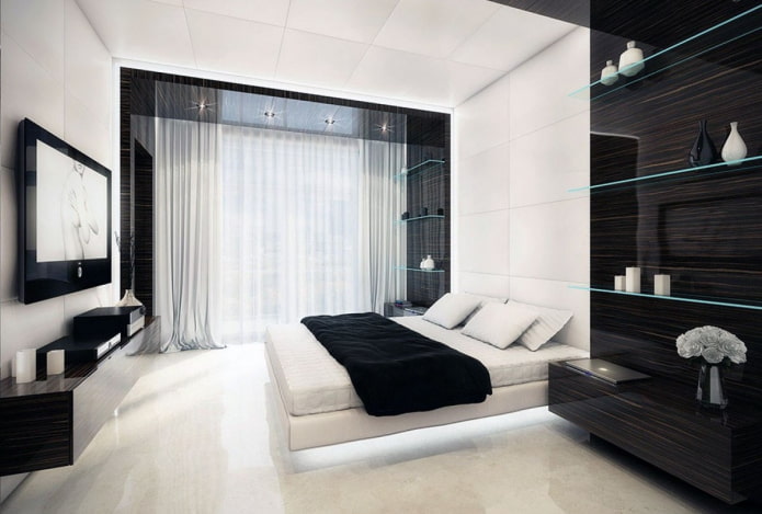 Schwarz-weißes Schlafzimmer-Interieur im Hightech-Stil