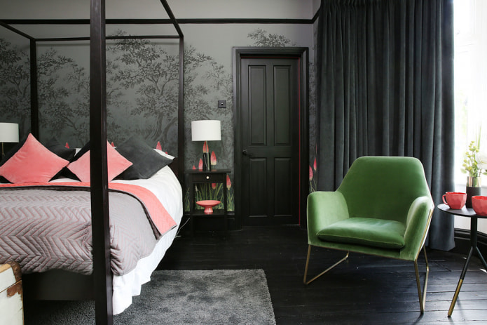 Schlafzimmer in dunklen Grau- und Schwarztönen