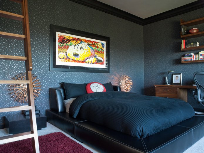 dunkle Tapete mit Glitzer im Schlafzimmer