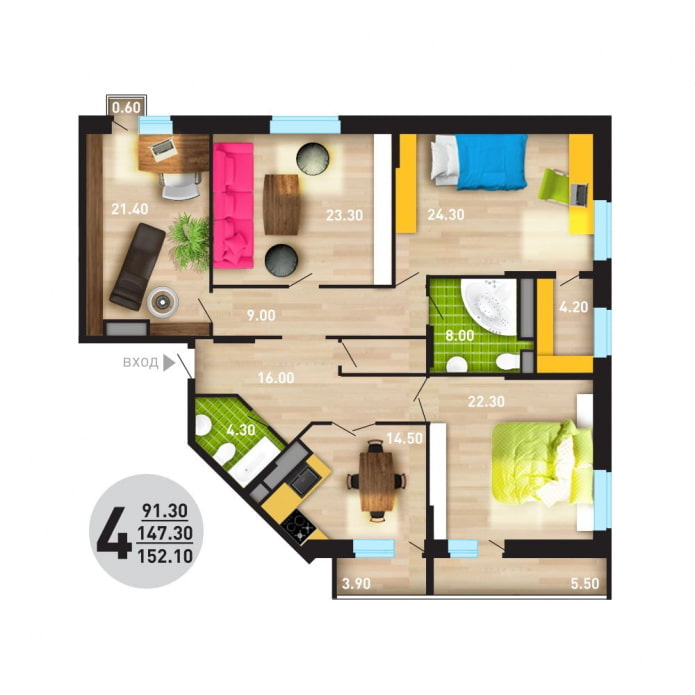 4-Zimmer-Wohnungslayout