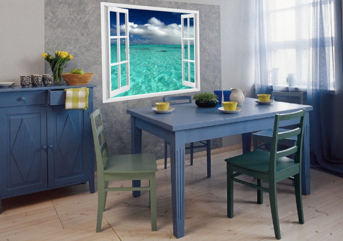 blauer Holztisch im Innenraum