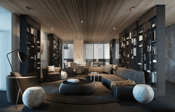 Holzlamellendecke im Wohnzimmer