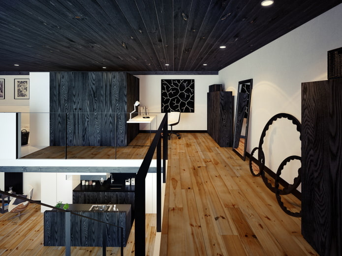 schwarze Holzdecke im Innenraum
