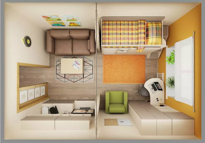 Kinderzimmer und Wohnzimmer in einer Einzimmerwohnung