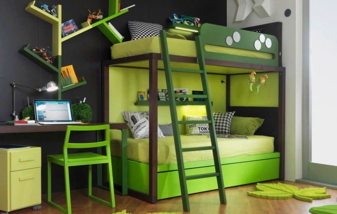 Hellgrünes Etagenbett in einem Kinderzimmer
