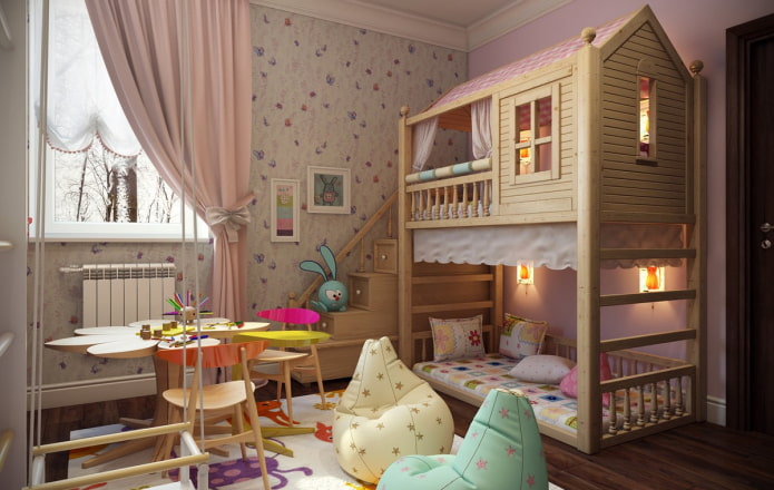 Zweistöckiges Modell im Kinderzimmer für Mädchen