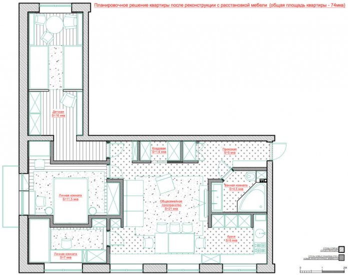 Grundriss einer 72 m² großen Wohnung