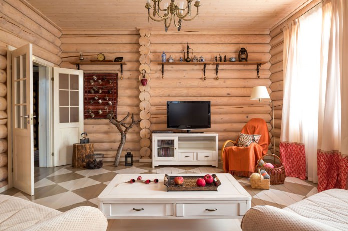 Wohnzimmergestaltung in einem Holzblockhaus