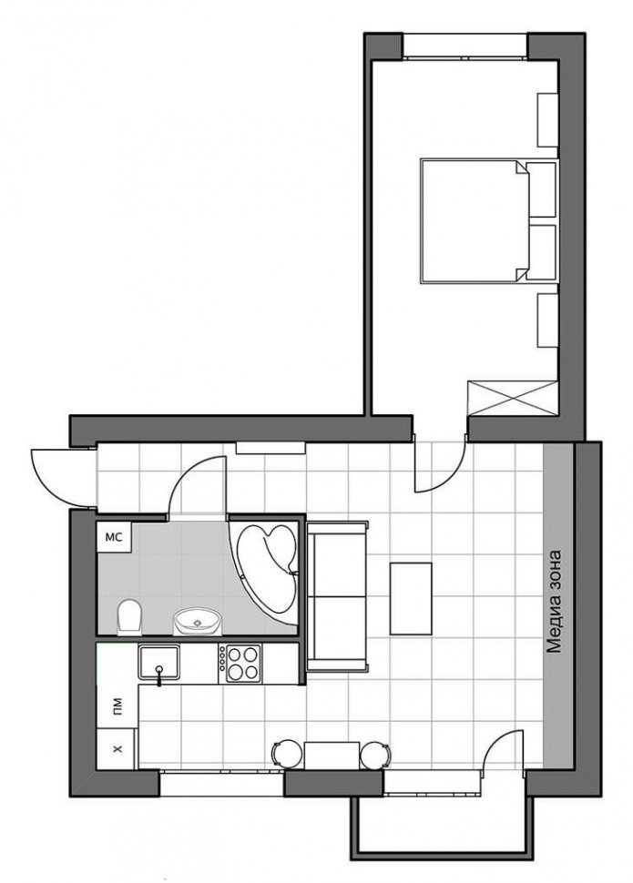 Grundriss einer Zweizimmerwohnung im europäischen Stil