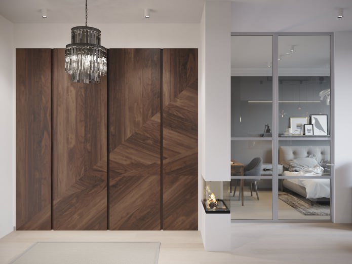 Entwurf eines Flurs kombiniert mit einem Wohnzimmer mit Kamin