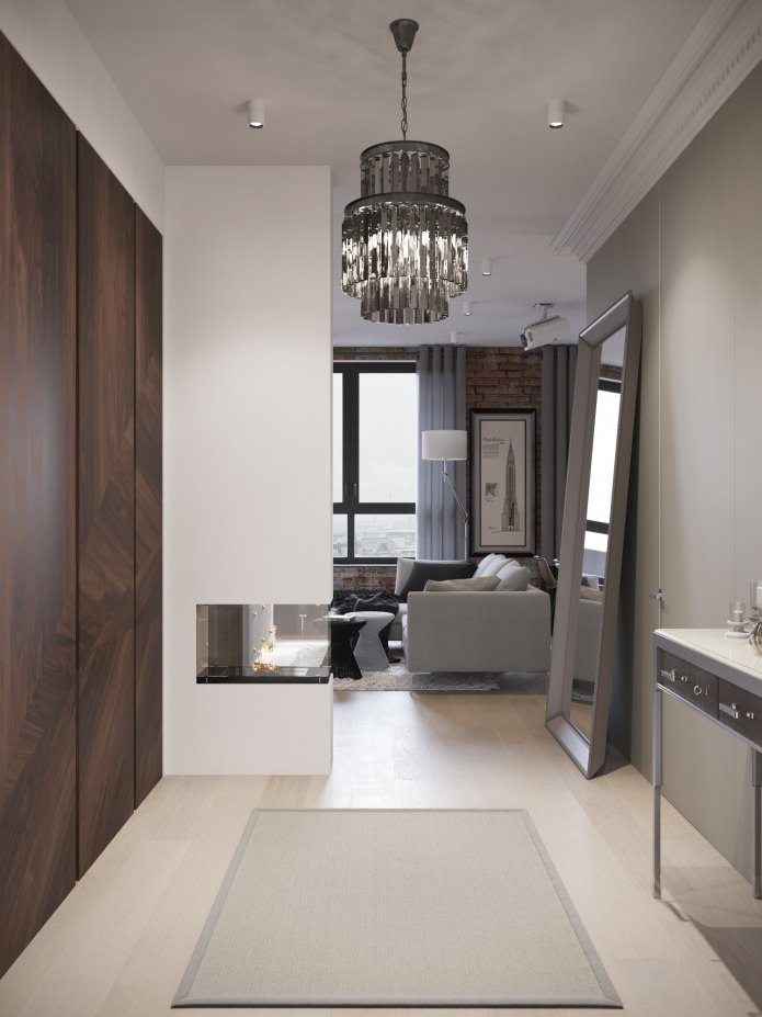 Entwurf eines Flurs kombiniert mit einem Wohnzimmer mit Kamin