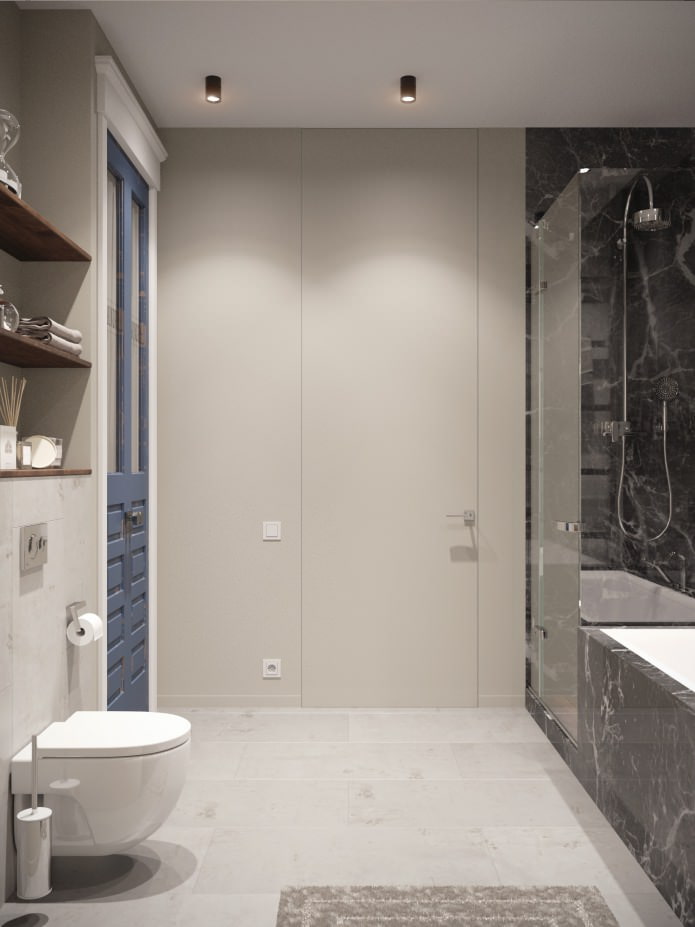 Innenansicht eines Badezimmers kombiniert mit einer Toilette